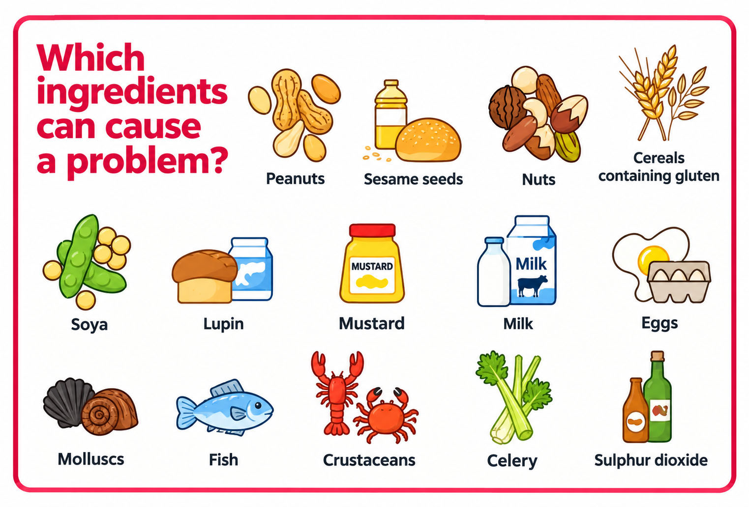 Food Allergens Guide - Peanuts, Sesame, Nuts, Gluten, Soya, Lupin, Mustard, Milk, Eggs, Molluscs, Fish, Crustaceans, Celery, Sulphur dioxide
